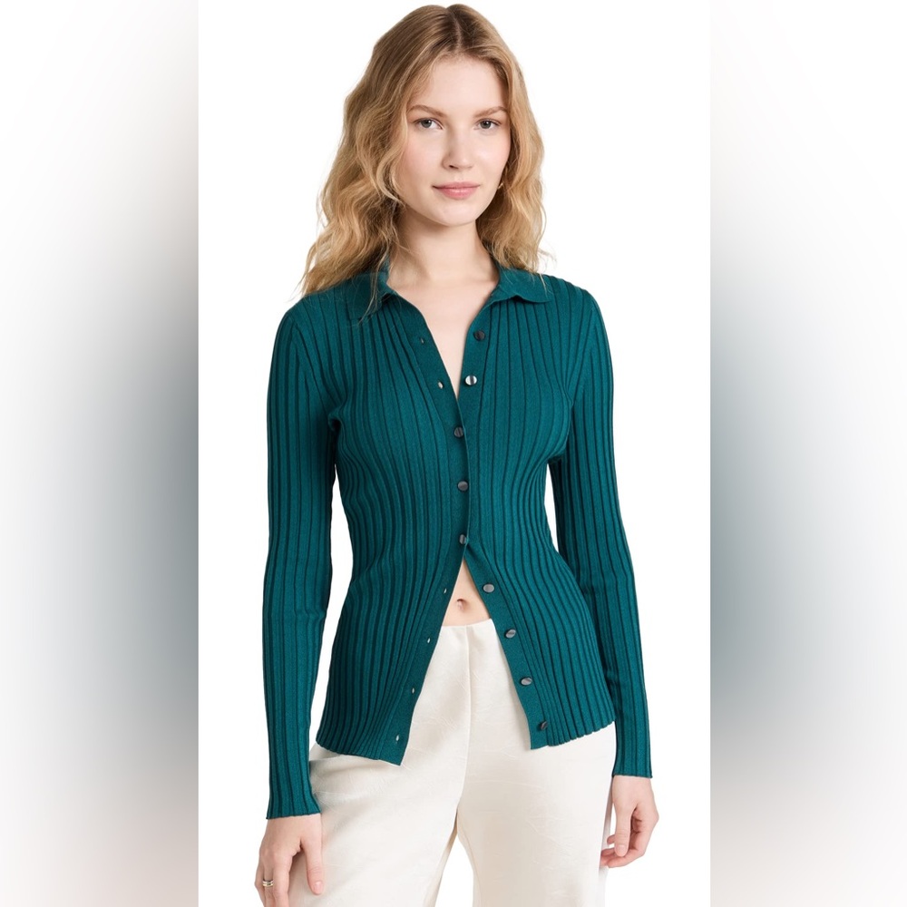 Vince Ribbed‎ Long Sleeve Button Up Cardigan Cyan Green Small